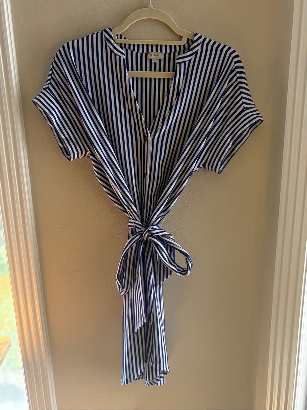 Cremieux Navy White Striped Shirt Dress Size M Short Sleeve Tie Waist Midi
